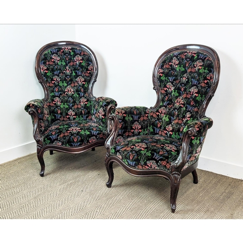 114 - ARMCHAIRS, a pair, Victorian style with spoon backs in black patterned velvet, 112cm H x 79cm. (2)