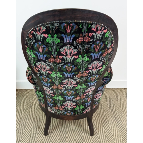 114 - ARMCHAIRS, a pair, Victorian style with spoon backs in black patterned velvet, 112cm H x 79cm. (2)