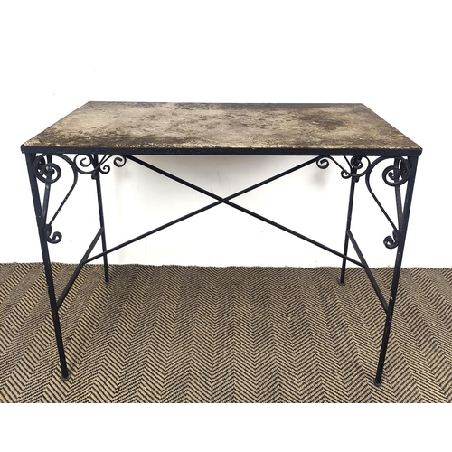 116 - GARDEN CONSOLE, with a stone top and wrought iron base, 100cm x 51cm x 78cm H.