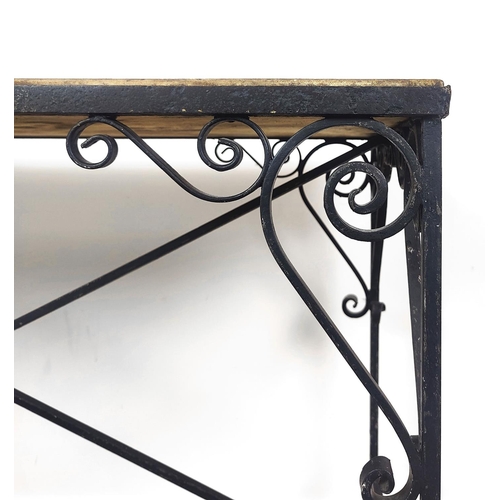 116 - GARDEN CONSOLE, with a stone top and wrought iron base, 100cm x 51cm x 78cm H.