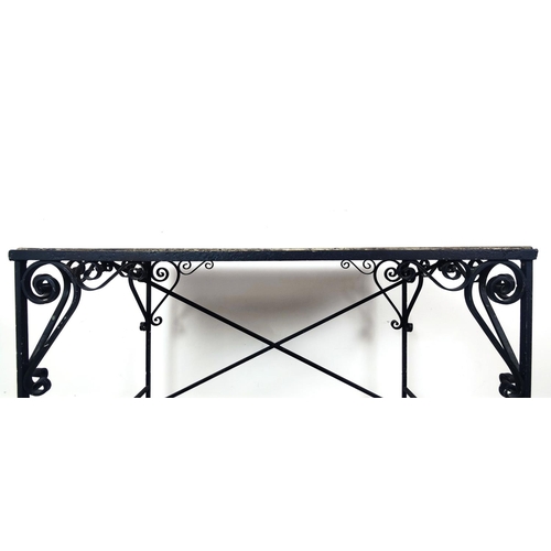 116 - GARDEN CONSOLE, with a stone top and wrought iron base, 100cm x 51cm x 78cm H.