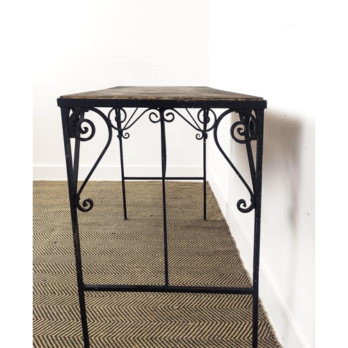 116 - GARDEN CONSOLE, with a stone top and wrought iron base, 100cm x 51cm x 78cm H.