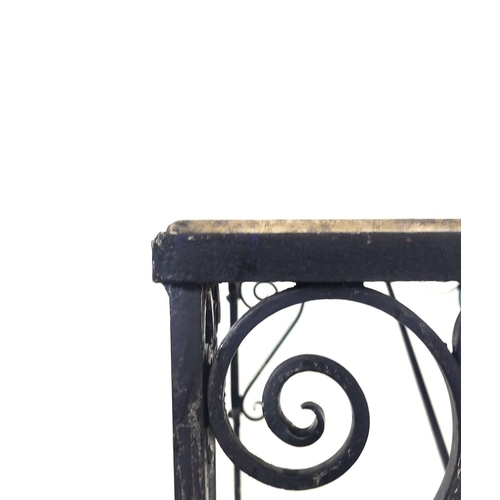 116 - GARDEN CONSOLE, with a stone top and wrought iron base, 100cm x 51cm x 78cm H.