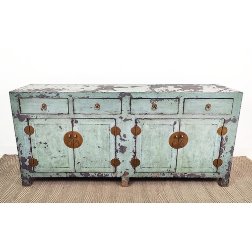 117 - BLUE/GREEN CHINESE SIDE CABINET, lacquer in a distressed finish with four drawers and four doors, 18... 