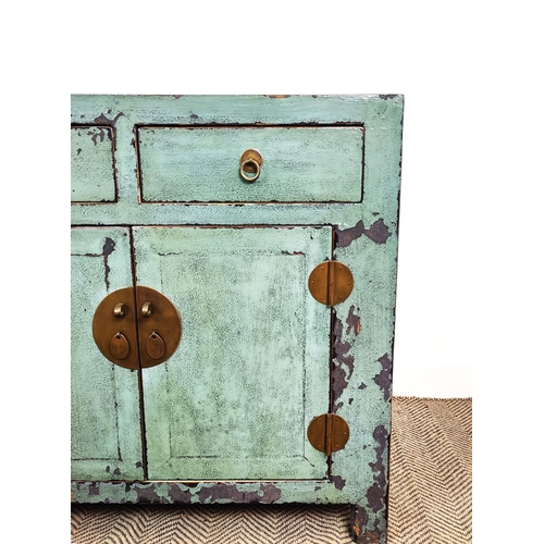 117 - BLUE/GREEN CHINESE SIDE CABINET, lacquer in a distressed finish with four drawers and four doors, 18... 