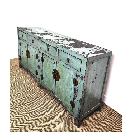 117 - BLUE/GREEN CHINESE SIDE CABINET, lacquer in a distressed finish with four drawers and four doors, 18... 