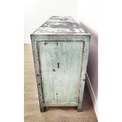 117 - BLUE/GREEN CHINESE SIDE CABINET, lacquer in a distressed finish with four drawers and four doors, 18... 