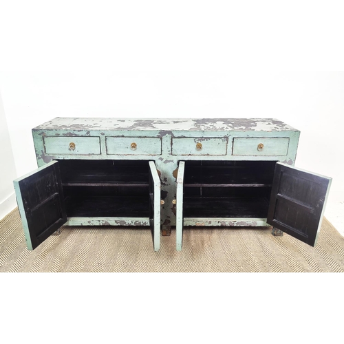 117 - BLUE/GREEN CHINESE SIDE CABINET, lacquer in a distressed finish with four drawers and four doors, 18... 