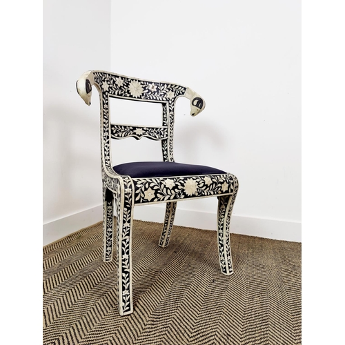 118 - SIDE CHAIR, with inlaid and rams head detail, 88cm H x 64cm.