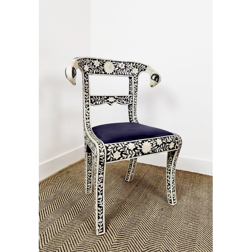 118 - SIDE CHAIR, with inlaid and rams head detail, 88cm H x 64cm.