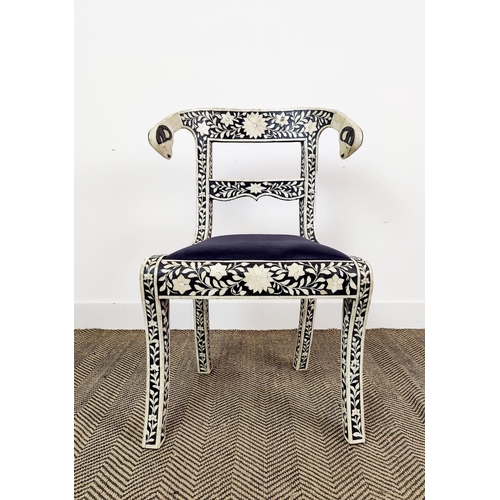 118 - SIDE CHAIR, with inlaid and rams head detail, 88cm H x 64cm.