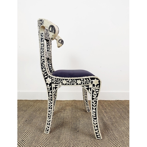 118 - SIDE CHAIR, with inlaid and rams head detail, 88cm H x 64cm.