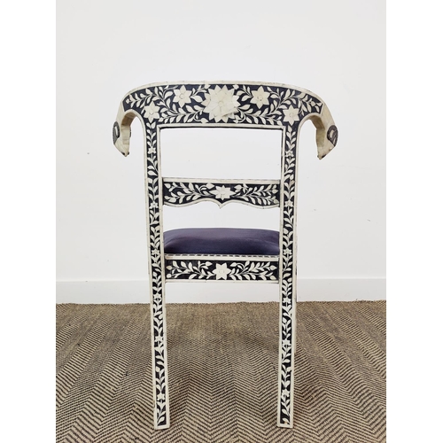 118 - SIDE CHAIR, with inlaid and rams head detail, 88cm H x 64cm.