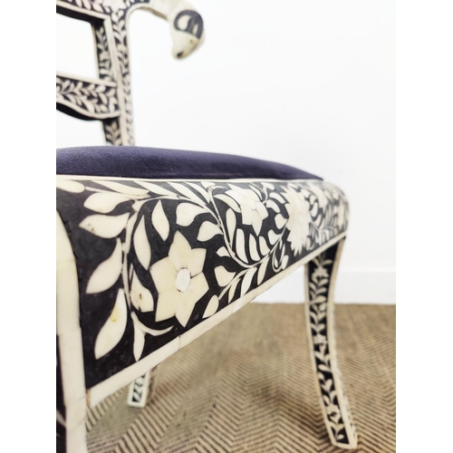 118 - SIDE CHAIR, with inlaid and rams head detail, 88cm H x 64cm.