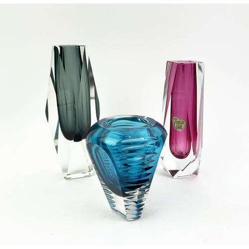 12 - BEYER AND CO BLUE CRYSTAL VASE, German mid 20th century and two joska facetted angular vases, talles... 