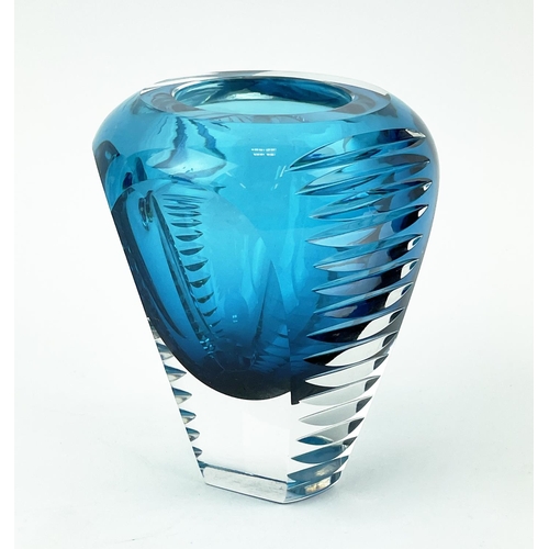 12 - BEYER AND CO BLUE CRYSTAL VASE, German mid 20th century and two joska facetted angular vases, talles... 