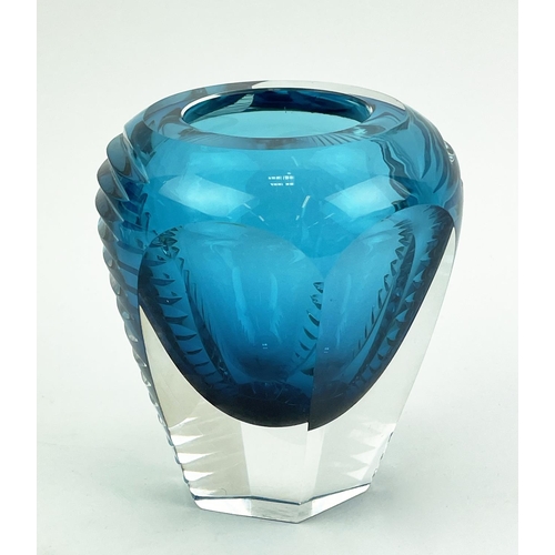 12 - BEYER AND CO BLUE CRYSTAL VASE, German mid 20th century and two joska facetted angular vases, talles... 