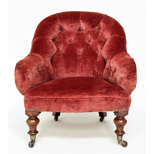 120 - SLIPPER AMRCHAIR, 19th century mahogany framed with claret red velvet upholstery, buttoned with turn... 