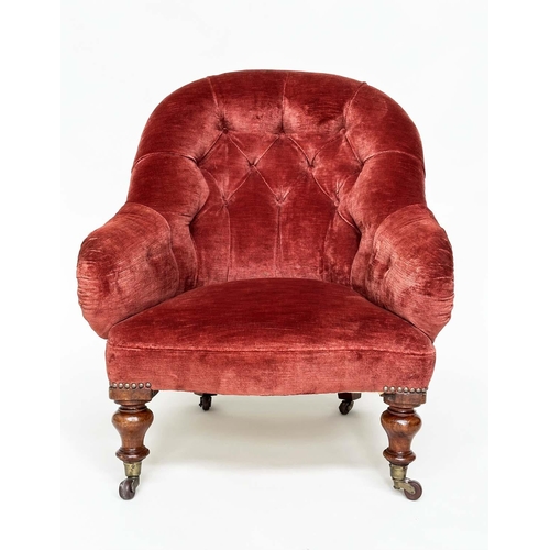 120 - SLIPPER AMRCHAIR, 19th century mahogany framed with claret red velvet upholstery, buttoned with turn... 