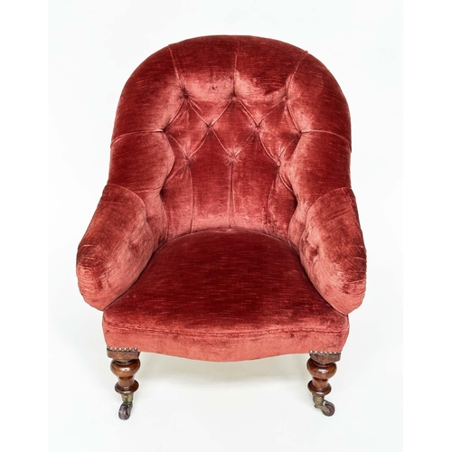 120 - SLIPPER AMRCHAIR, 19th century mahogany framed with claret red velvet upholstery, buttoned with turn... 