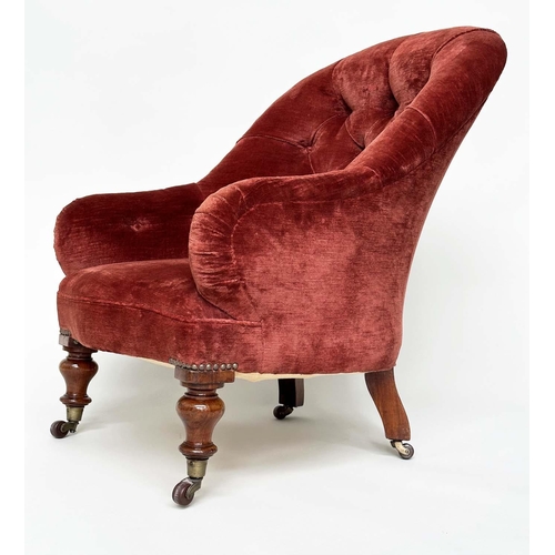 120 - SLIPPER AMRCHAIR, 19th century mahogany framed with claret red velvet upholstery, buttoned with turn... 