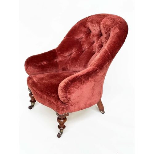 120 - SLIPPER AMRCHAIR, 19th century mahogany framed with claret red velvet upholstery, buttoned with turn... 