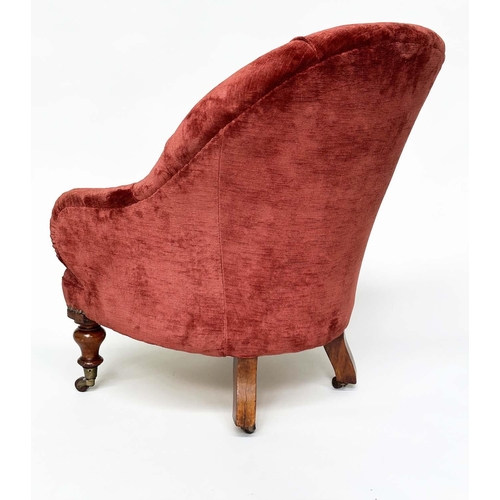 120 - SLIPPER AMRCHAIR, 19th century mahogany framed with claret red velvet upholstery, buttoned with turn... 