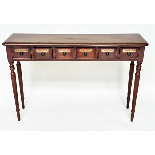 121 - APOTHECARY'S HALL TABLE, Victorian style with rectangular six drawers and turned tapering supports, ... 