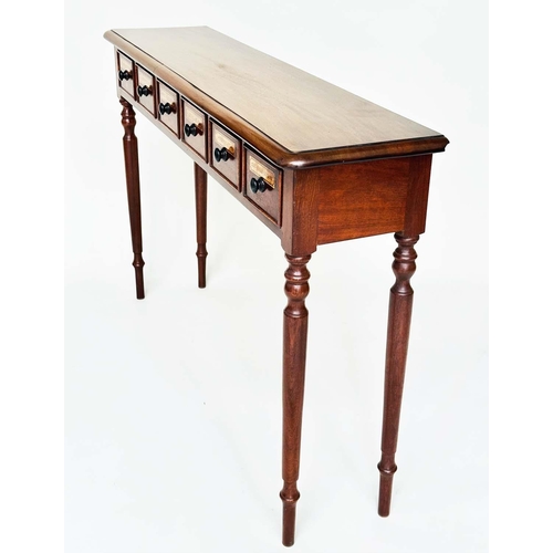 121 - APOTHECARY'S HALL TABLE, Victorian style with rectangular six drawers and turned tapering supports, ... 