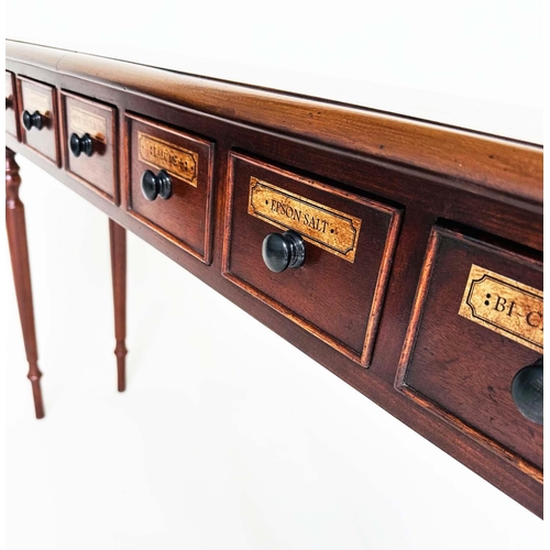 121 - APOTHECARY'S HALL TABLE, Victorian style with rectangular six drawers and turned tapering supports, ... 