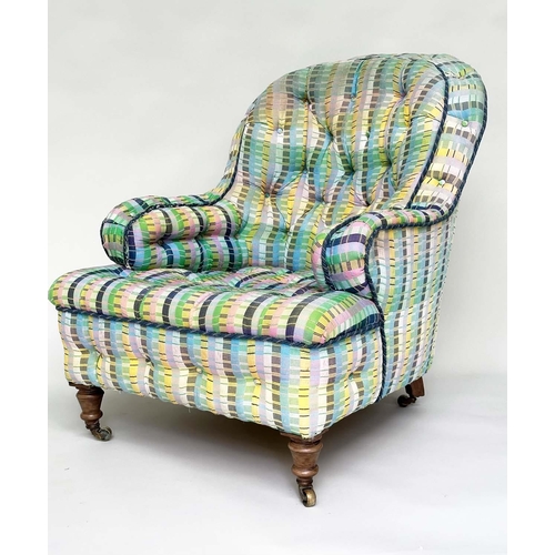 123 - HOWARD STYLE ARMCHAIR, Victorian walnut fully sprung in polychrome silk multi weave fabric with allo... 