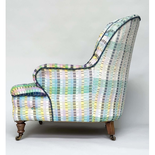 123 - HOWARD STYLE ARMCHAIR, Victorian walnut fully sprung in polychrome silk multi weave fabric with allo... 