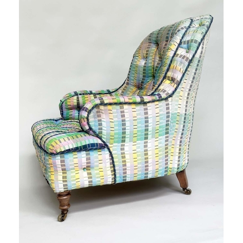 123 - HOWARD STYLE ARMCHAIR, Victorian walnut fully sprung in polychrome silk multi weave fabric with allo... 