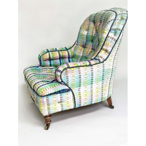 123 - HOWARD STYLE ARMCHAIR, Victorian walnut fully sprung in polychrome silk multi weave fabric with allo... 