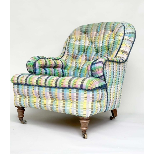 123 - HOWARD STYLE ARMCHAIR, Victorian walnut fully sprung in polychrome silk multi weave fabric with allo... 