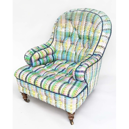 123 - HOWARD STYLE ARMCHAIR, Victorian walnut fully sprung in polychrome silk multi weave fabric with allo... 