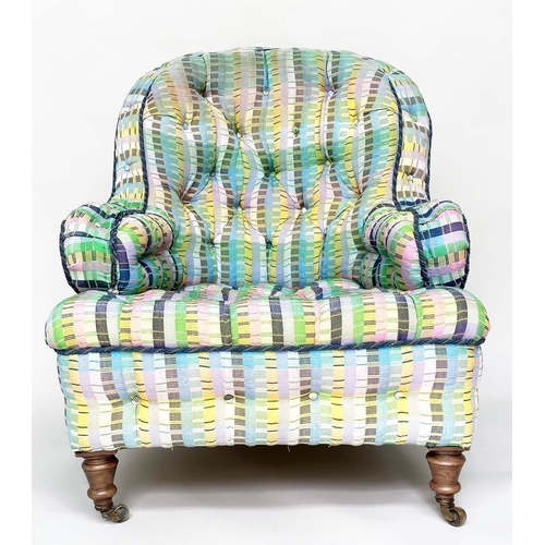 123 - HOWARD STYLE ARMCHAIR, Victorian walnut fully sprung in polychrome silk multi weave fabric with allo... 