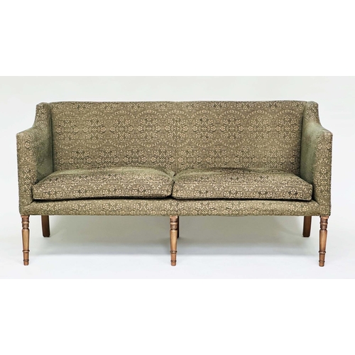 127 - SOFA, Regency style upholstered in sage green weave with feather filled seat cushions and turned tap... 