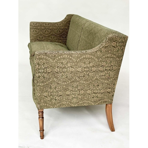 127 - SOFA, Regency style upholstered in sage green weave with feather filled seat cushions and turned tap... 