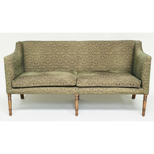 127 - SOFA, Regency style upholstered in sage green weave with feather filled seat cushions and turned tap... 