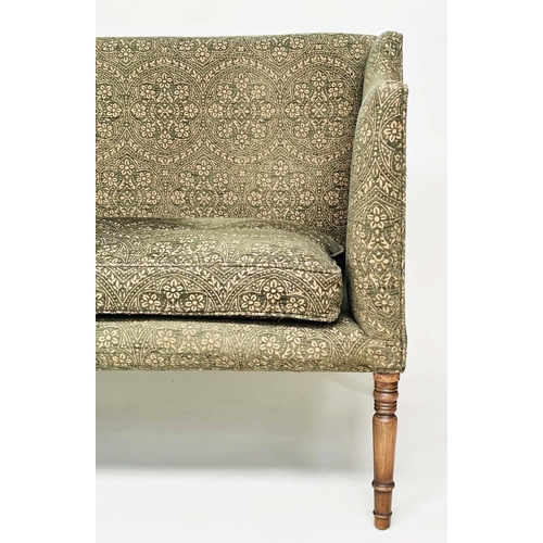 127 - SOFA, Regency style upholstered in sage green weave with feather filled seat cushions and turned tap... 