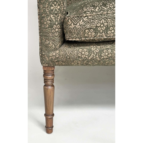 127 - SOFA, Regency style upholstered in sage green weave with feather filled seat cushions and turned tap... 