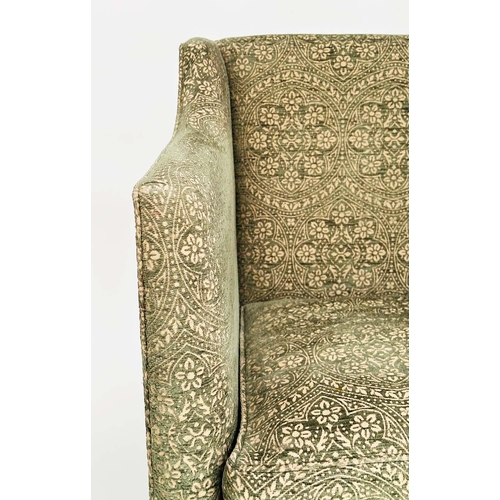 127 - SOFA, Regency style upholstered in sage green weave with feather filled seat cushions and turned tap... 