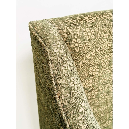 127 - SOFA, Regency style upholstered in sage green weave with feather filled seat cushions and turned tap... 