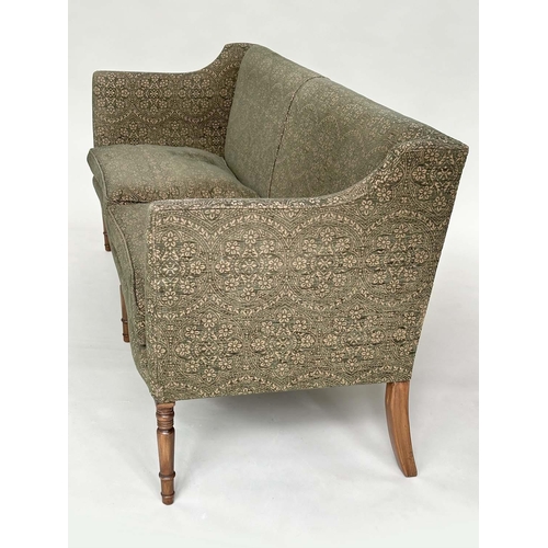 127 - SOFA, Regency style upholstered in sage green weave with feather filled seat cushions and turned tap... 