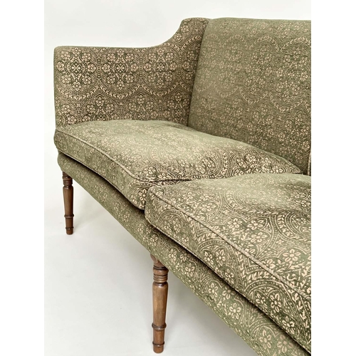 127 - SOFA, Regency style upholstered in sage green weave with feather filled seat cushions and turned tap... 