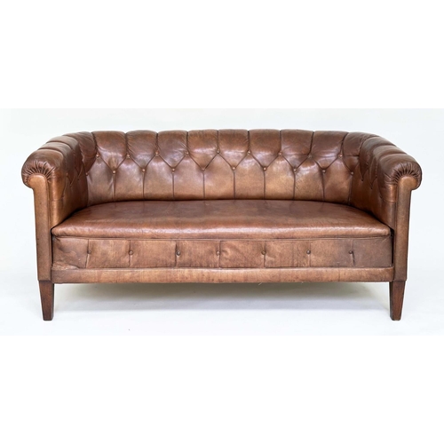 129 - DANISH SOFA, early 20th century Art Deco Danish button tan hide leather with arched back, rounded ar... 