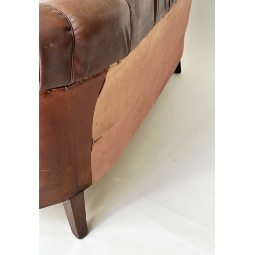 129 - DANISH SOFA, early 20th century Art Deco Danish button tan hide leather with arched back, rounded ar... 