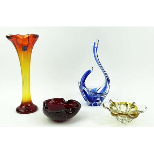 13 - MURANO GLASS VASE, amber tinted, two bowls and a bayel French cobalt blue tinted art glass vase. (4)