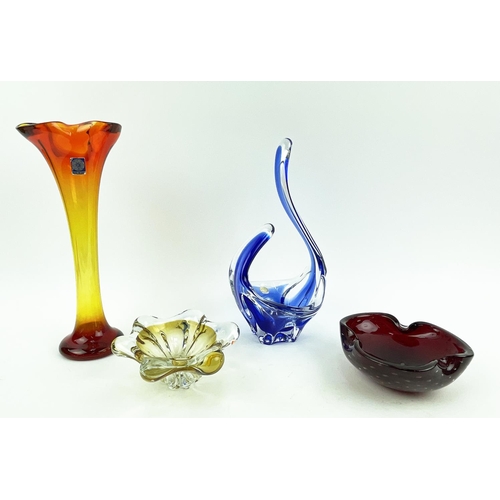 13 - MURANO GLASS VASE, amber tinted, two bowls and a bayel French cobalt blue tinted art glass vase. (4)